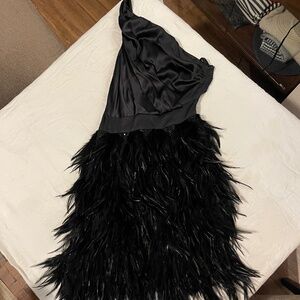 Black Cocktail Dress with Emboridery and Feathers